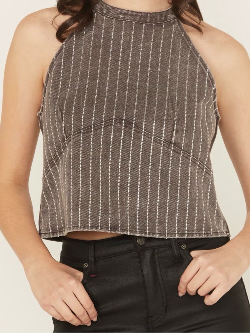 BLUE B Women’s sleeveless rhinestone striped halter denim top size large